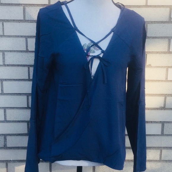 Navy Blue Drape Front Lace Up Tie Long Sleeve Top - Picture 3 of 8